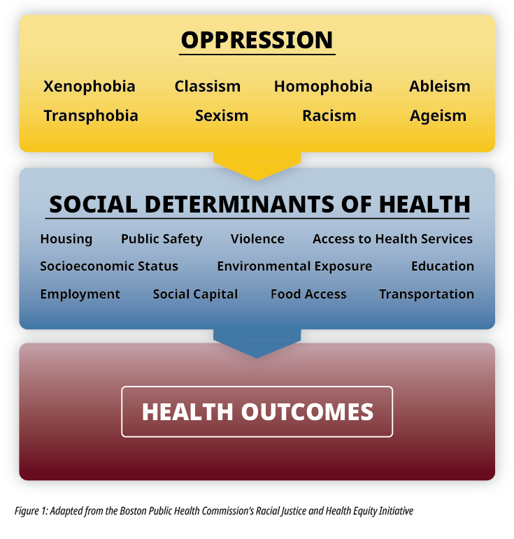 Image that shows the various forms of oppression that impact the various types of social determinants of health, that then impact health outcomes.