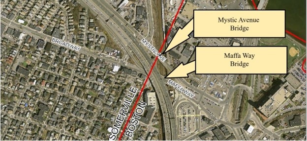 Overhead map showing the location of the Mystic Avenue and Maffa Way bridges.