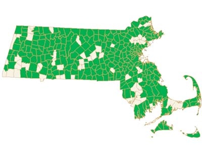 Map of 291 cities and towns designated as a Green Community