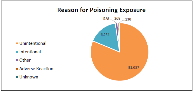 A pie chart displaying the reasons for poison exposure. Most exposure calls were unintentional at 81.24%. A small percentage of poisonings being intentional (16.34%) or due to reactions (1.38%)