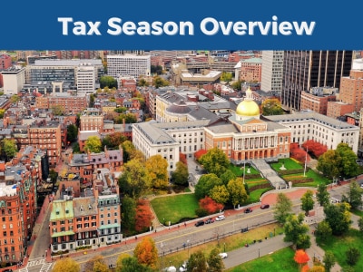 Tax Season Overview written in blue banner above aerial view of the State House and surrounding area