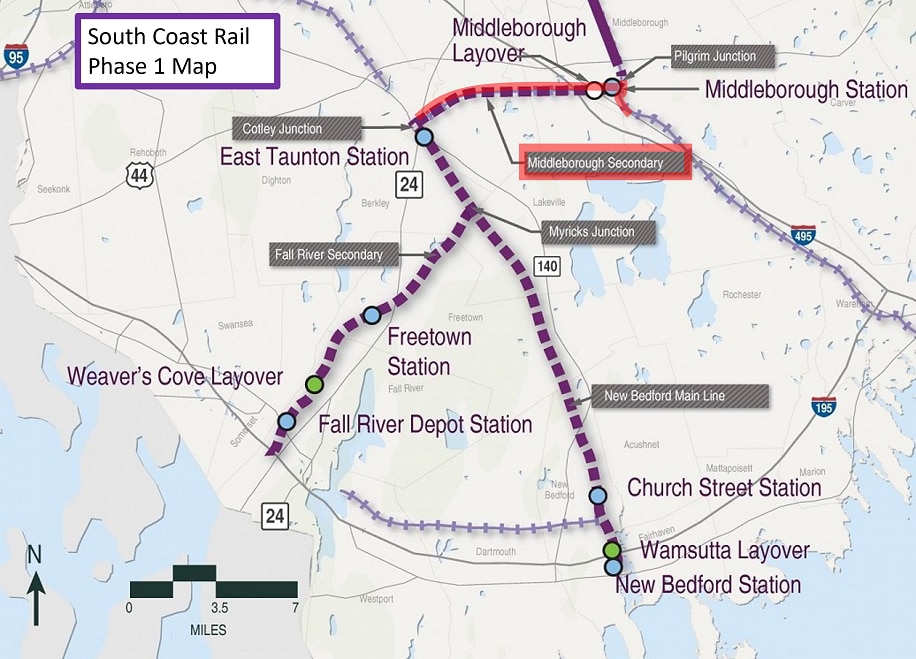 Map of project site, highlighting the Middleborough Line where the above service alert will take place. 