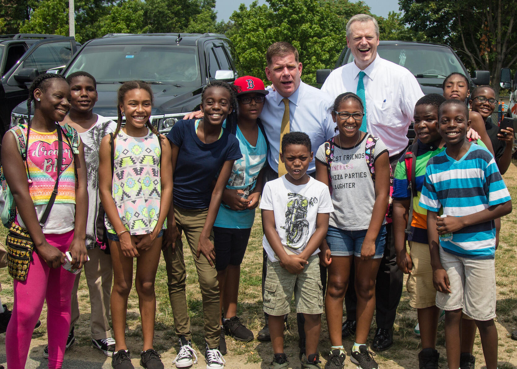 Governor Baker and Mayor Walsh with local children at the Summer Nights kickoff.