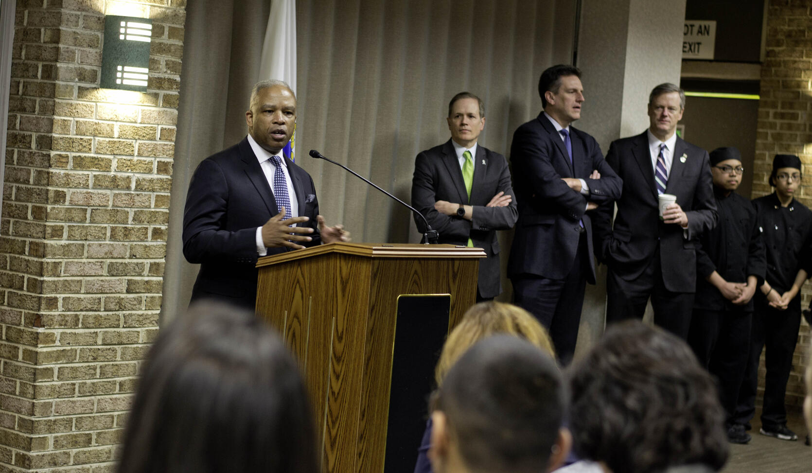 Labor and Workforce Development Secretary Ron Walker with Governor Baker and the other members of the Workforce Skills Cabinet in Lowell.