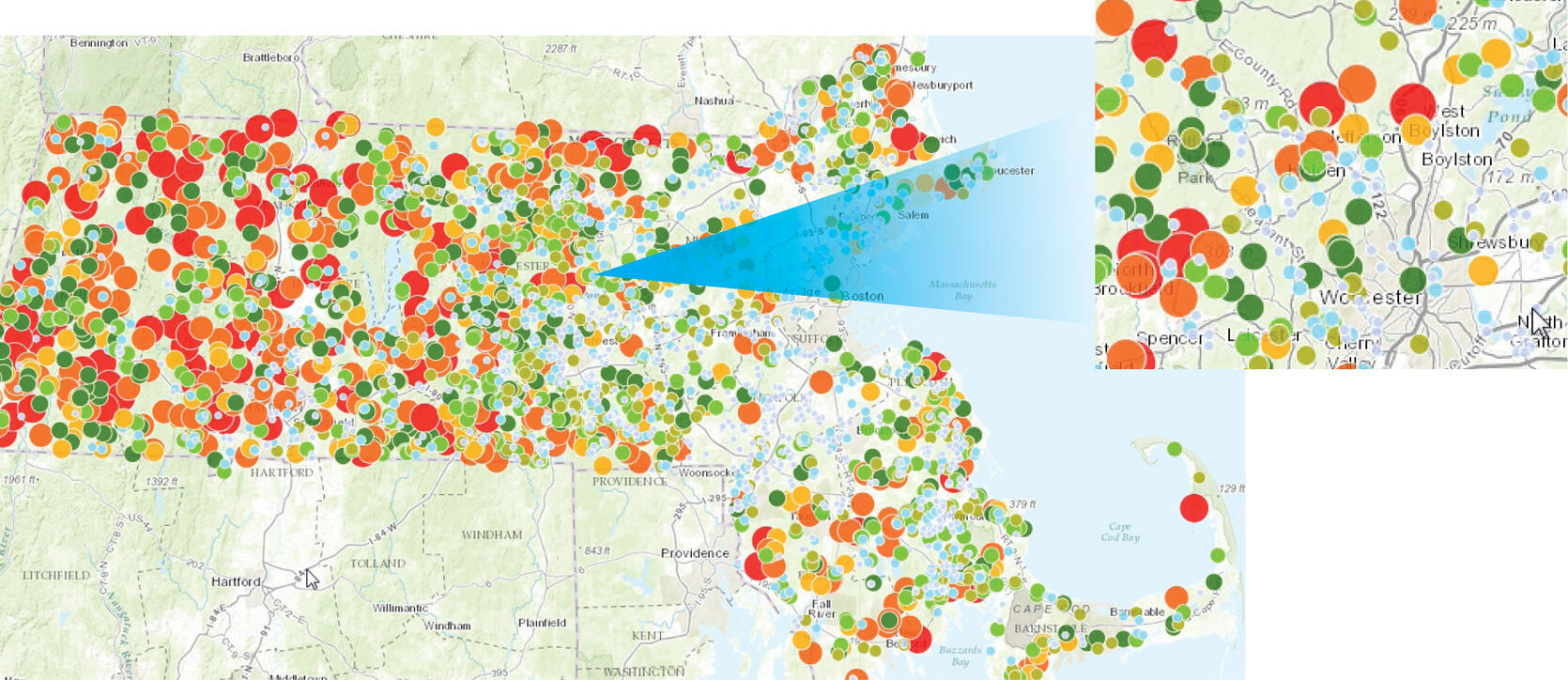 DER’s new Restoration Potential Model. Each circle represents a dam in Massachusetts – size and color indicates a dam’s ecological benefit percentile score.