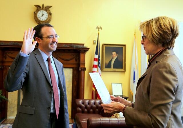 Timothy Foley is sworn in by Auditor Bump to serve on the Health Policy Commission.