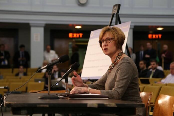 Auditor Bump sits at a table before the Joint Committee on Ways and Means to advocate for her FY16 budget in Gardner Auditorium at the State House