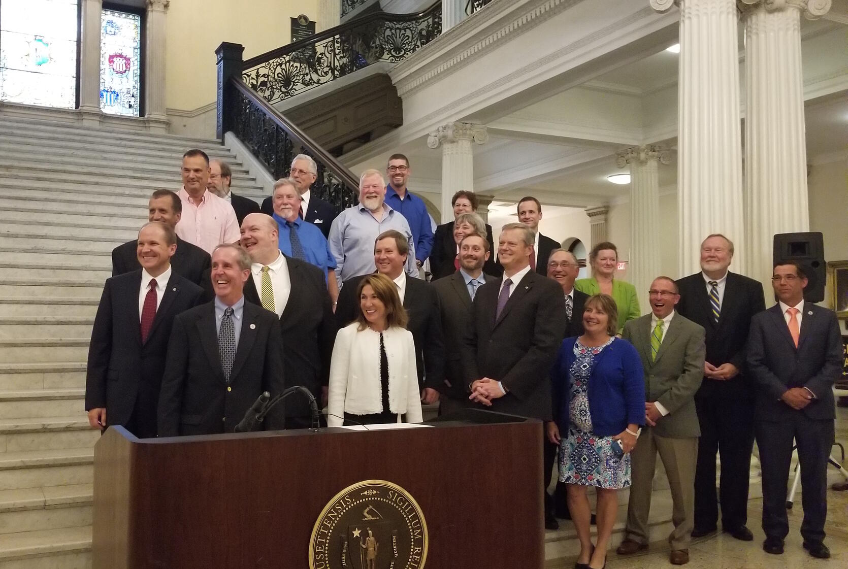 Governor Baker and Lt. Governor Polito with legislators and local officials at MassWorks event.