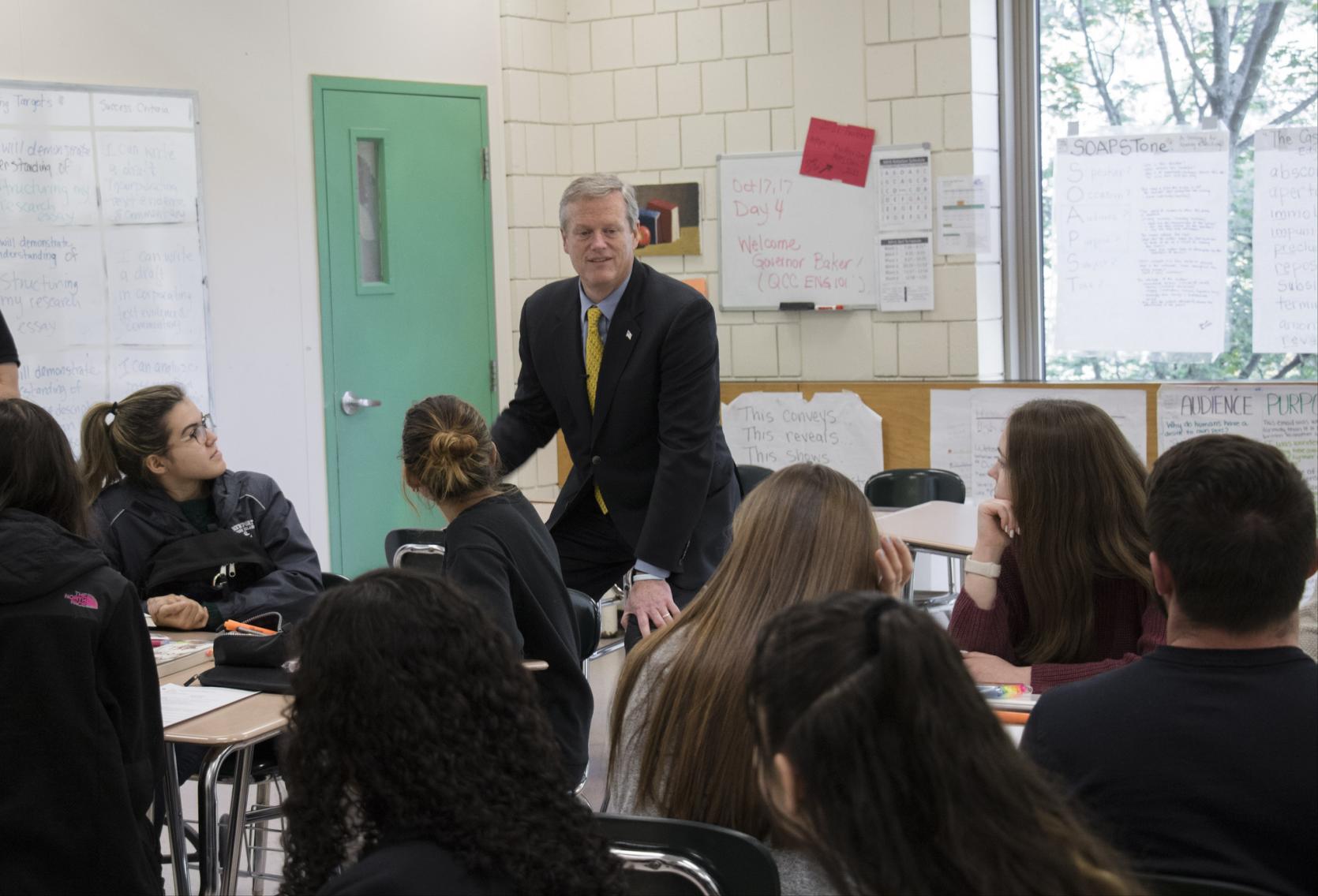 Governor Baker speaks to students at Marlborough High School.