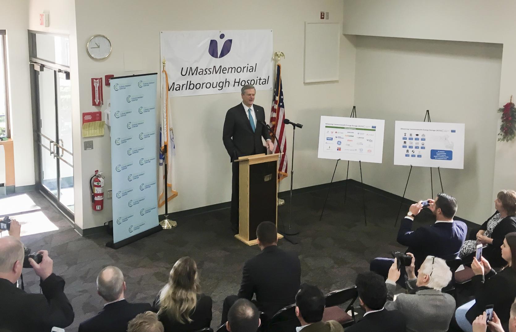 Governor Baker announcing $20 million for energy storage projects.