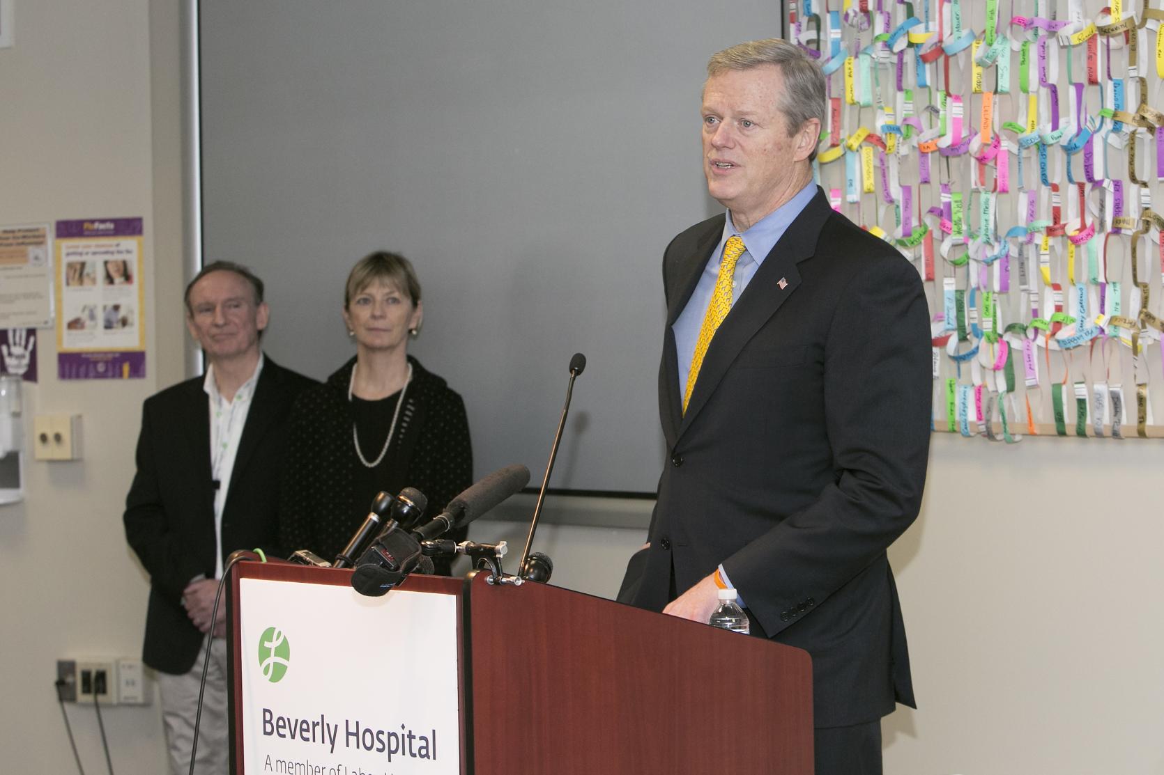 Governor Baker speaking about recovery coaches at Beverly Hospital