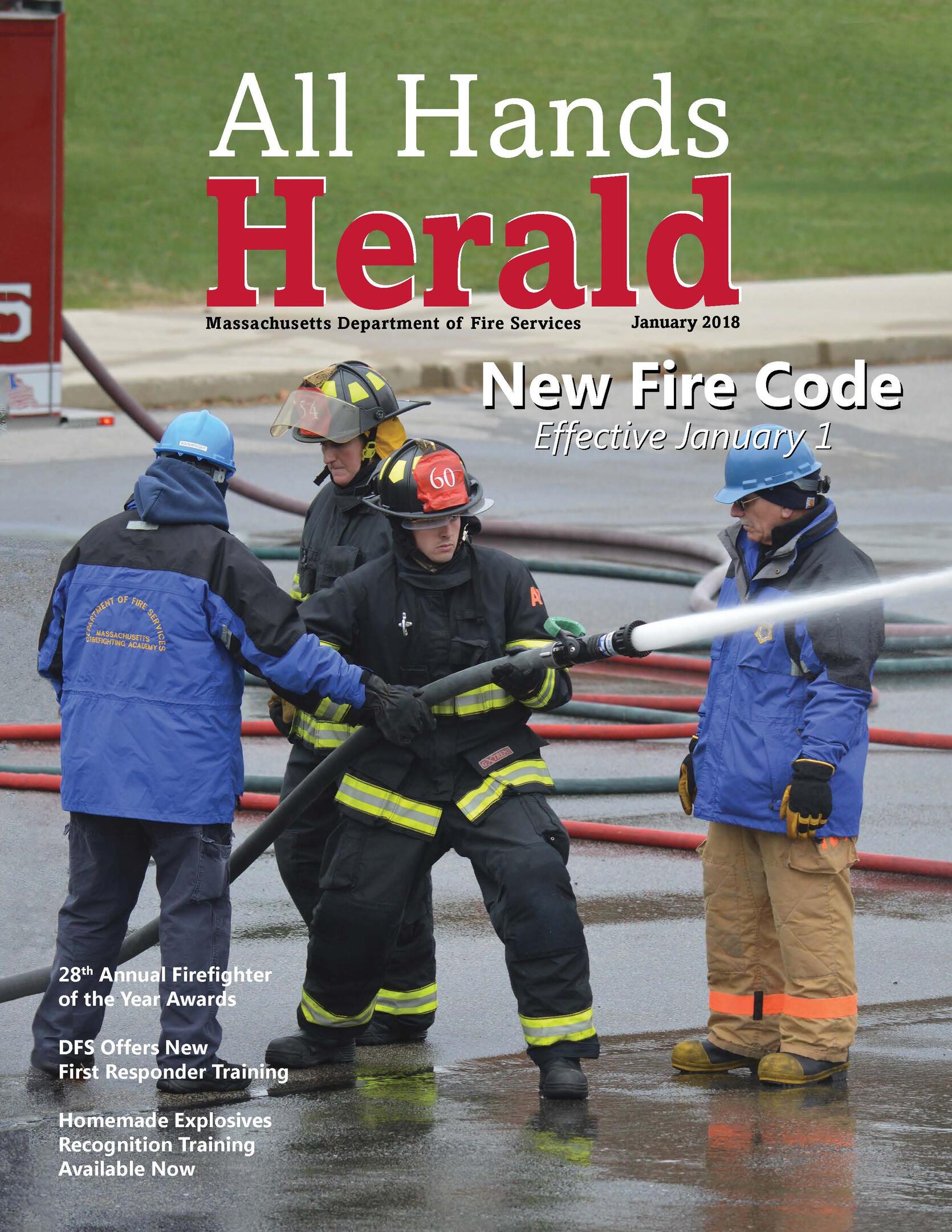 Cover All Hands Herald Jan 2018 firefighters using hoses