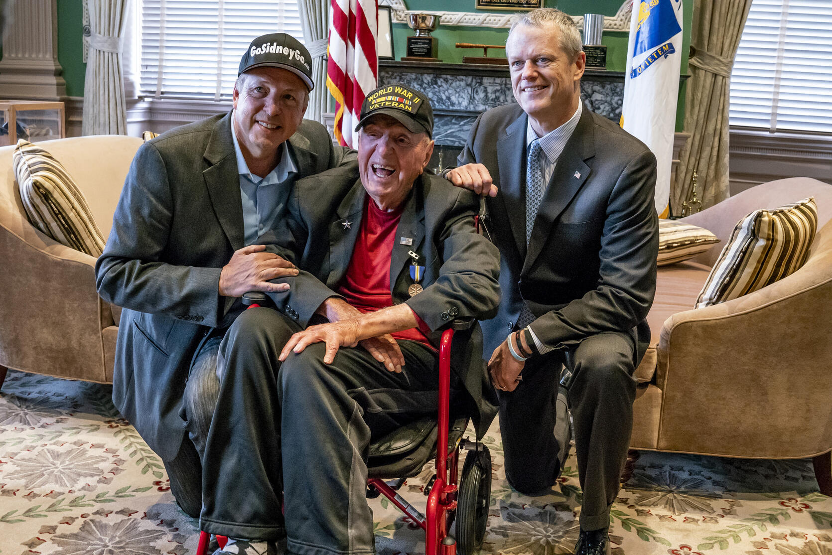 Governor Baker meets with World War II Veteran Sidney Walton and his son Paul Walton as part of the “Go Sidney Go” National No Regrets Tour across the United States.