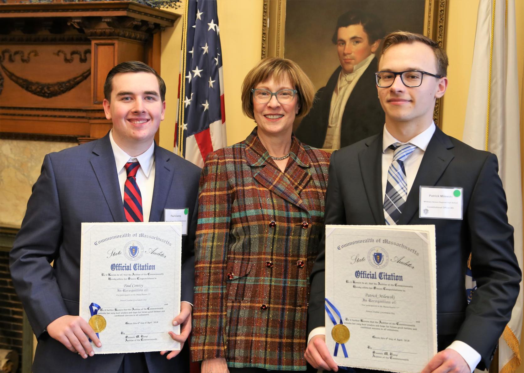 State Auditor Suzanne M. Bump recently presented Paul Conroy (left) and Patrick Milewski (right) with citations for their participation in the 71st annual Student Government Day at the State House. 