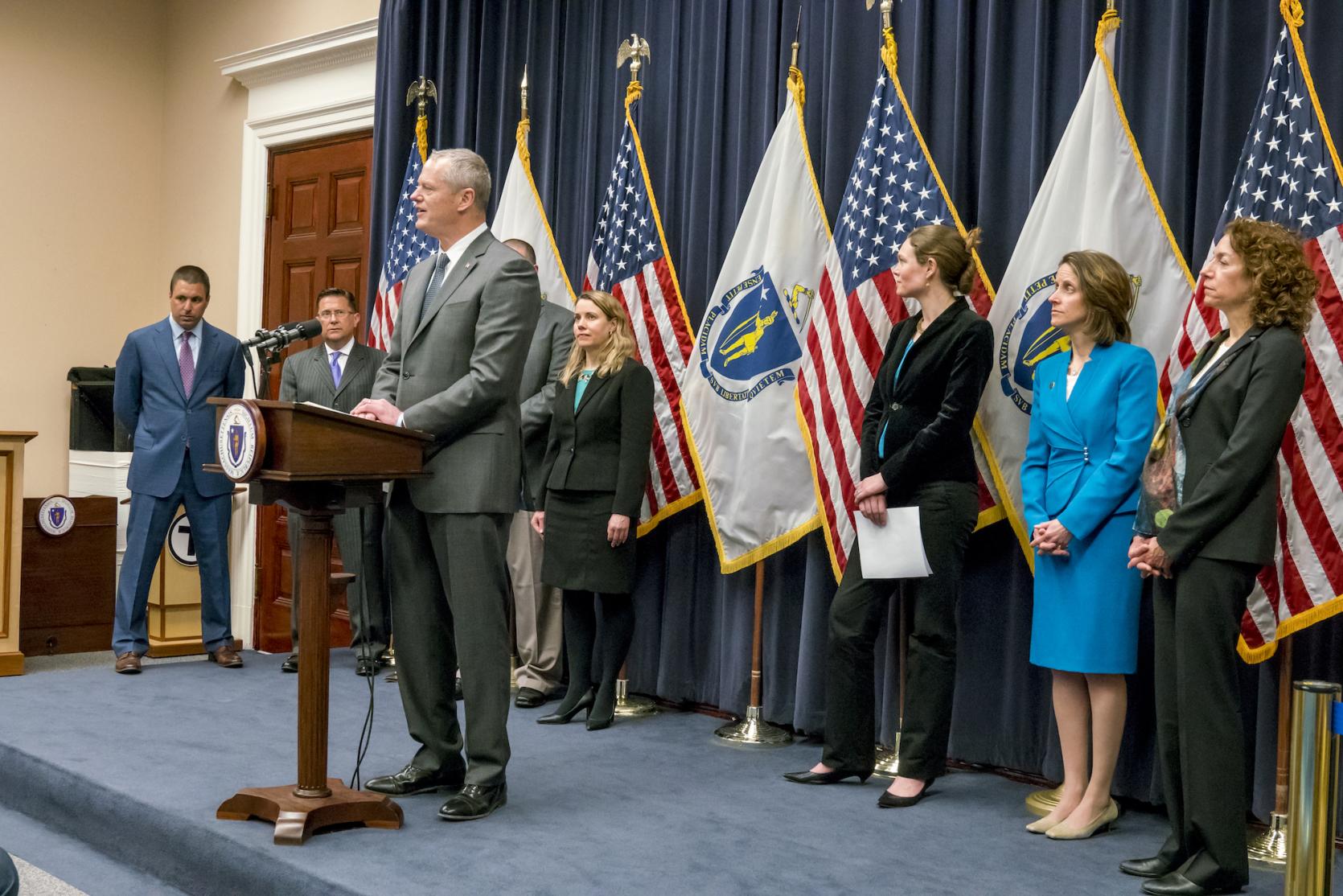 Governor Baker, Secretary Beaton and Commissioner Judson are joined by other stakeholders to announce An Act Relative to Consumer Access to Residential Energy Information.