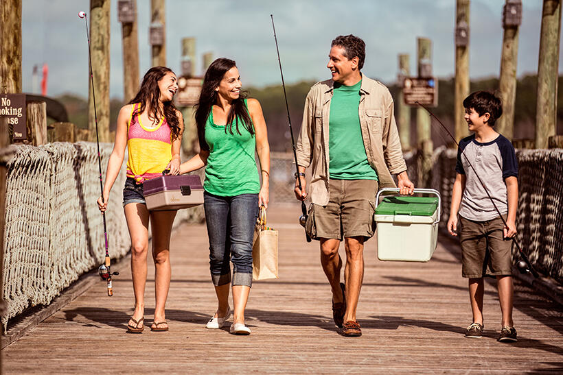 Family fishing on dock