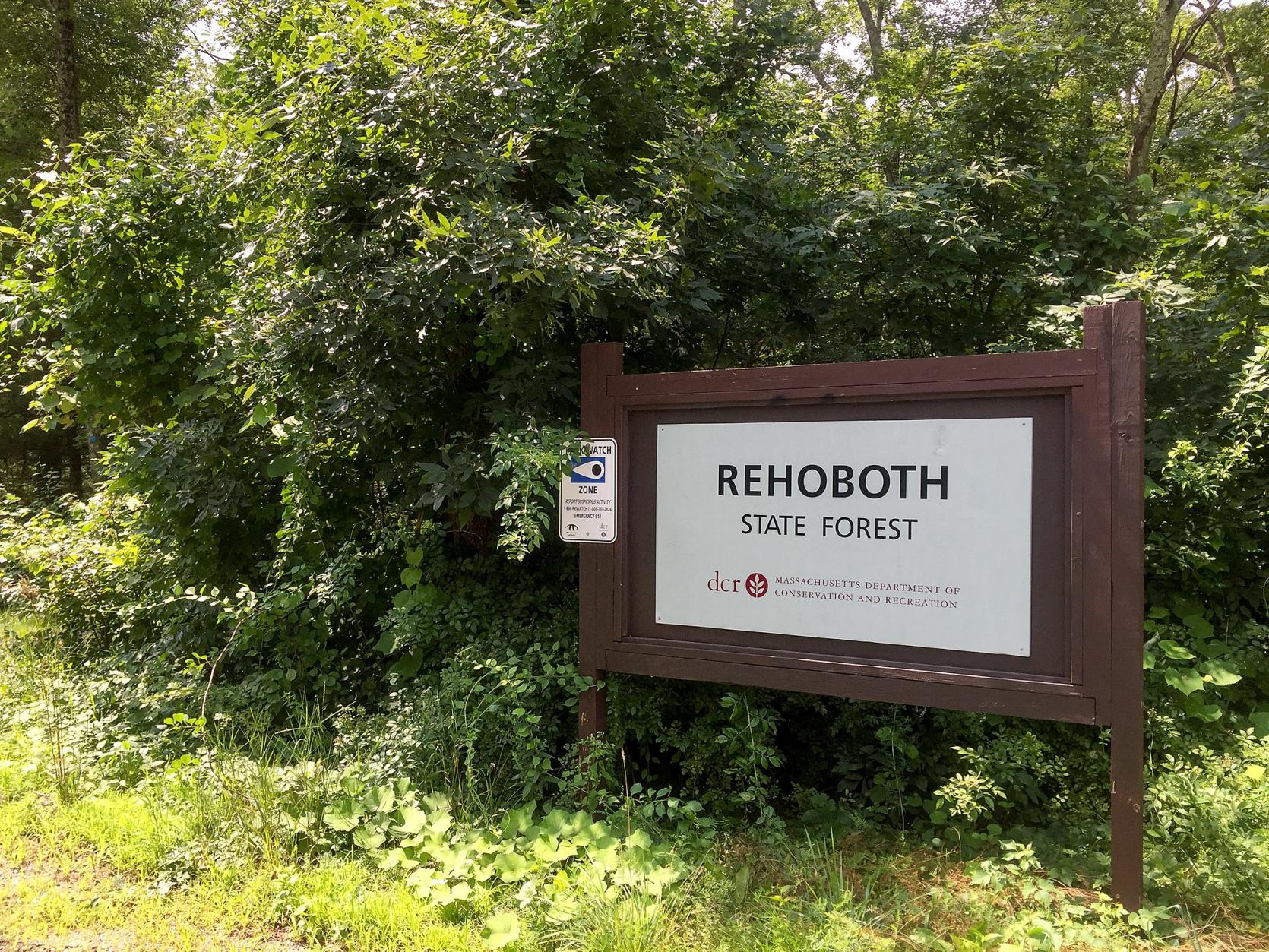 Sign at the entrance to Rehoboth State Forest in Rehoboth, MA.