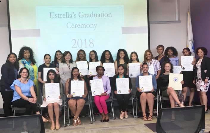 State Rep. Juana Matias, Former US Attorney General Carmen Ortiz, Ms. Stacy Seward, and Probation Officer Lidia Maldonado (right corner) joined by some of the Estrella 2018 graduates at the reception held at Northern Essex Community College.