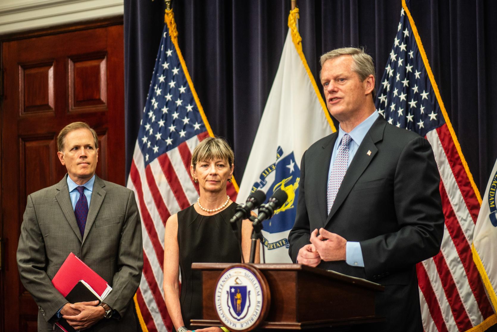 Governor Baker, Secretary Peyser, and Secretary Sudders speak at a press conference on school safety and education investments.