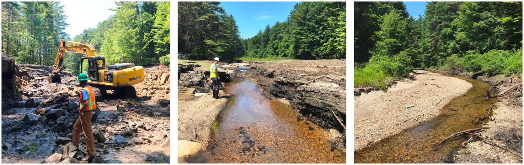 Three images show dam removal underway and stream channel forming through previous impoundment.