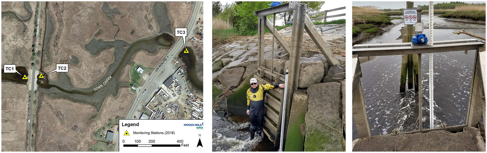 Three images one showing a map of location of installed equipment, the other two show staff in water and the tide gate