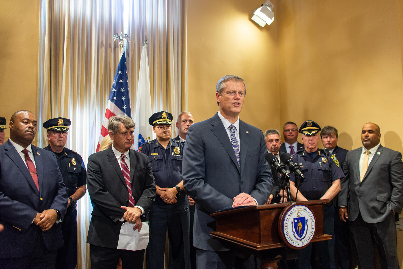 Governor Baker announces dangerousness legislation with members of law enforcement and district attorneys.