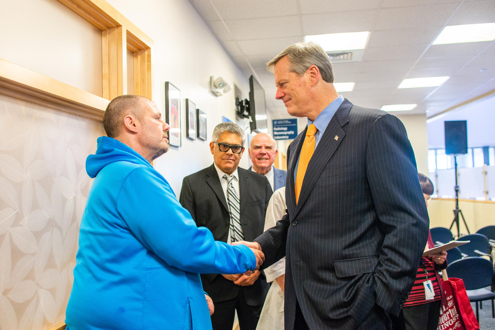 Governor Baker with recovery coach at Lynn Community Health Center.