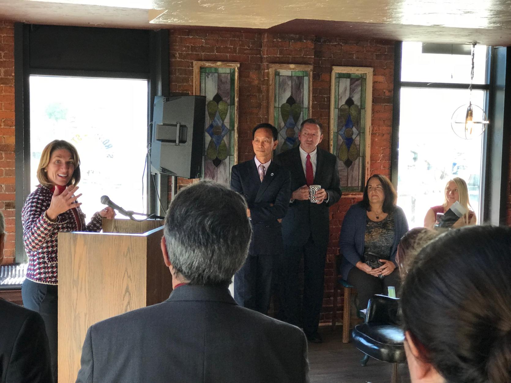 Lt. Governor Karyn Polito joined more than 40 small business owners, non-profit organizations, business development leaders and local elected officials in downtown Fitchburg to announce $2 million in grants in conjunction with Massachusetts Growth Capital Corporation (MGCC).