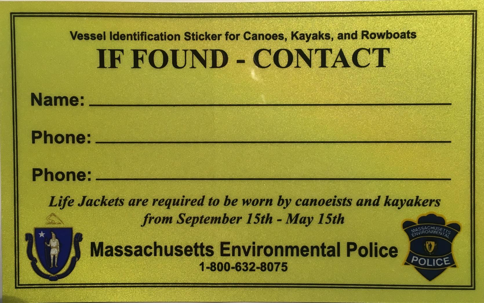 Vessel ID Sticker for Canoes, Kayaks and Rowboats