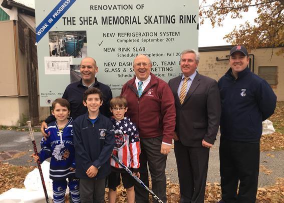commissioner and others at Shea rink