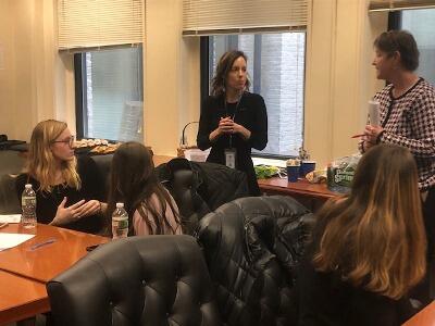 DA Andrea Harrington addresses members of the Youth Advisory Board as Carol A. Mulcahy, Director of Community Outreach and Education, looks on