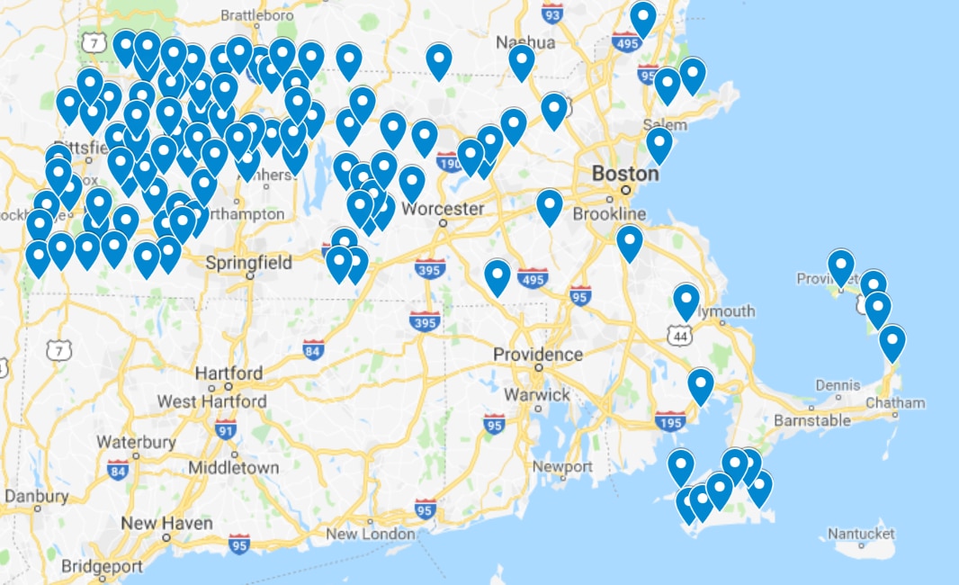 This map shows the location of communities in Massachusetts with fewer than 5,000 residents. In these communities, the Division of Standards is responsible for performing annual inspections of weighing and measuring devices. 