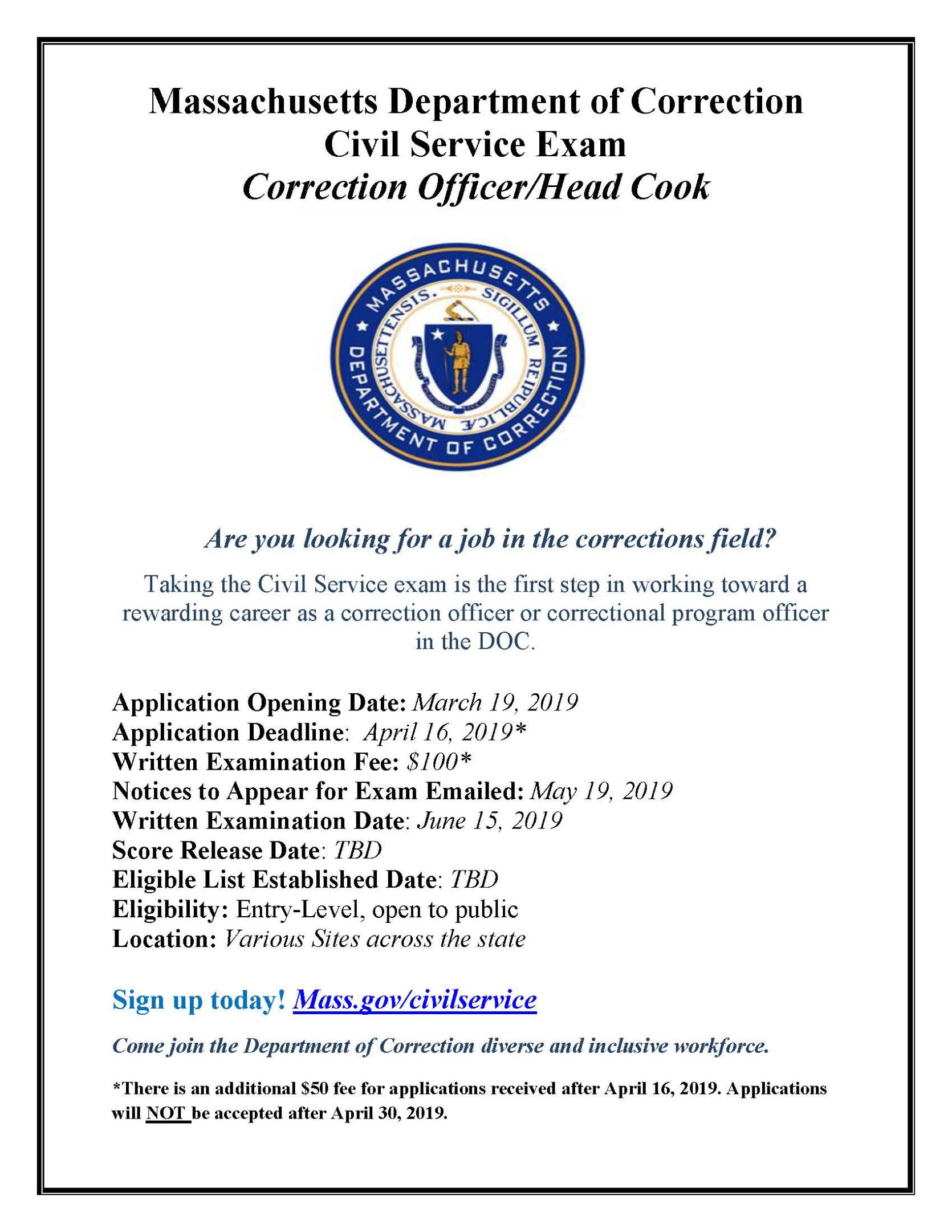 April 2019 Correction Officer/Head Cook Exam Posting