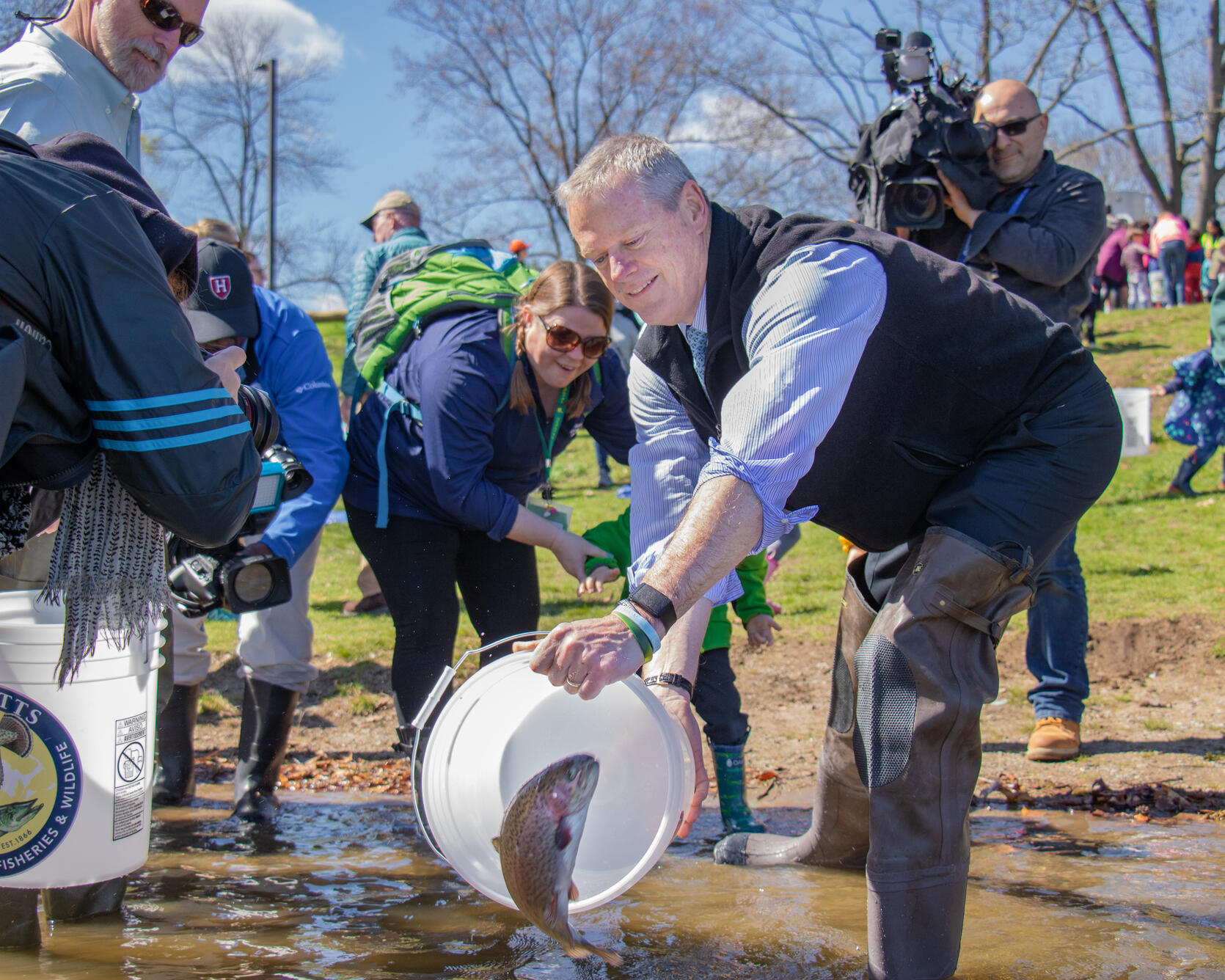 Governor Baker, State Environmental Officials, Local Youth Stock Trout at Boston’s Jamaica Pond
