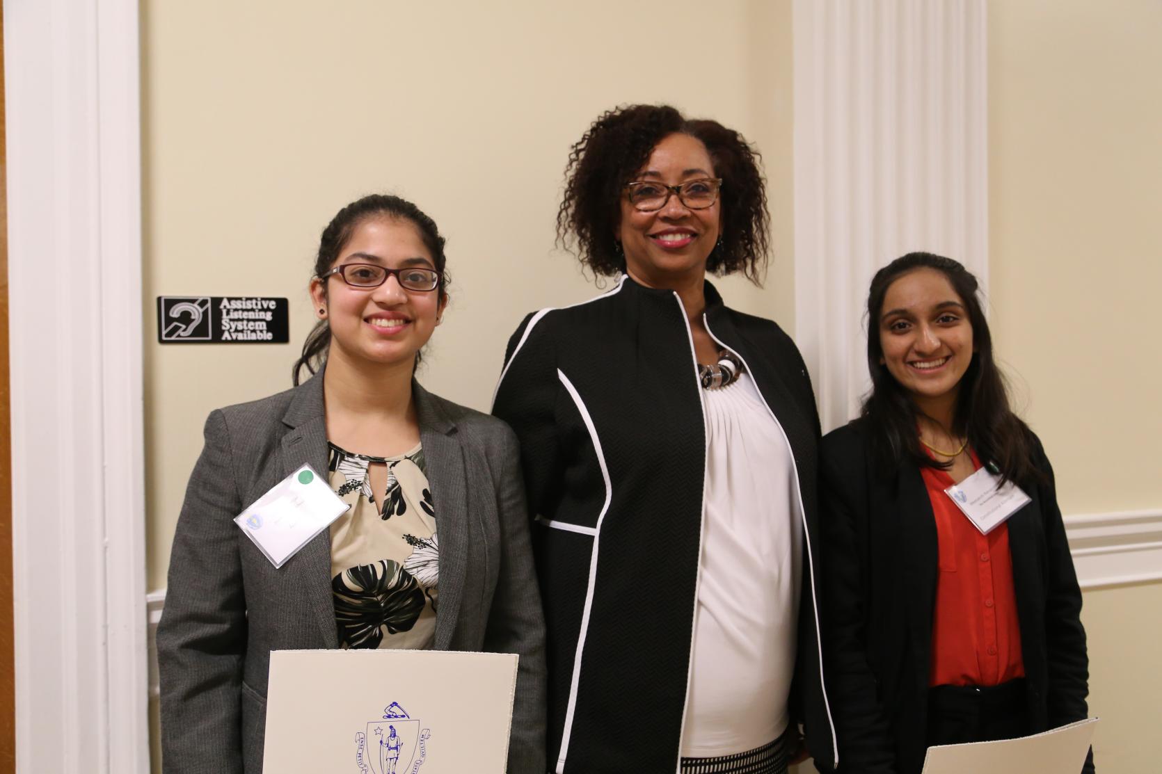 Deputy Auditor Pamela Lomax presented citations to Shreya Kumar and Meenakshi Ramakrishnan of the Bromfield School, for their participation in the 72nd annual Student Government Day at the Massachusetts State House.