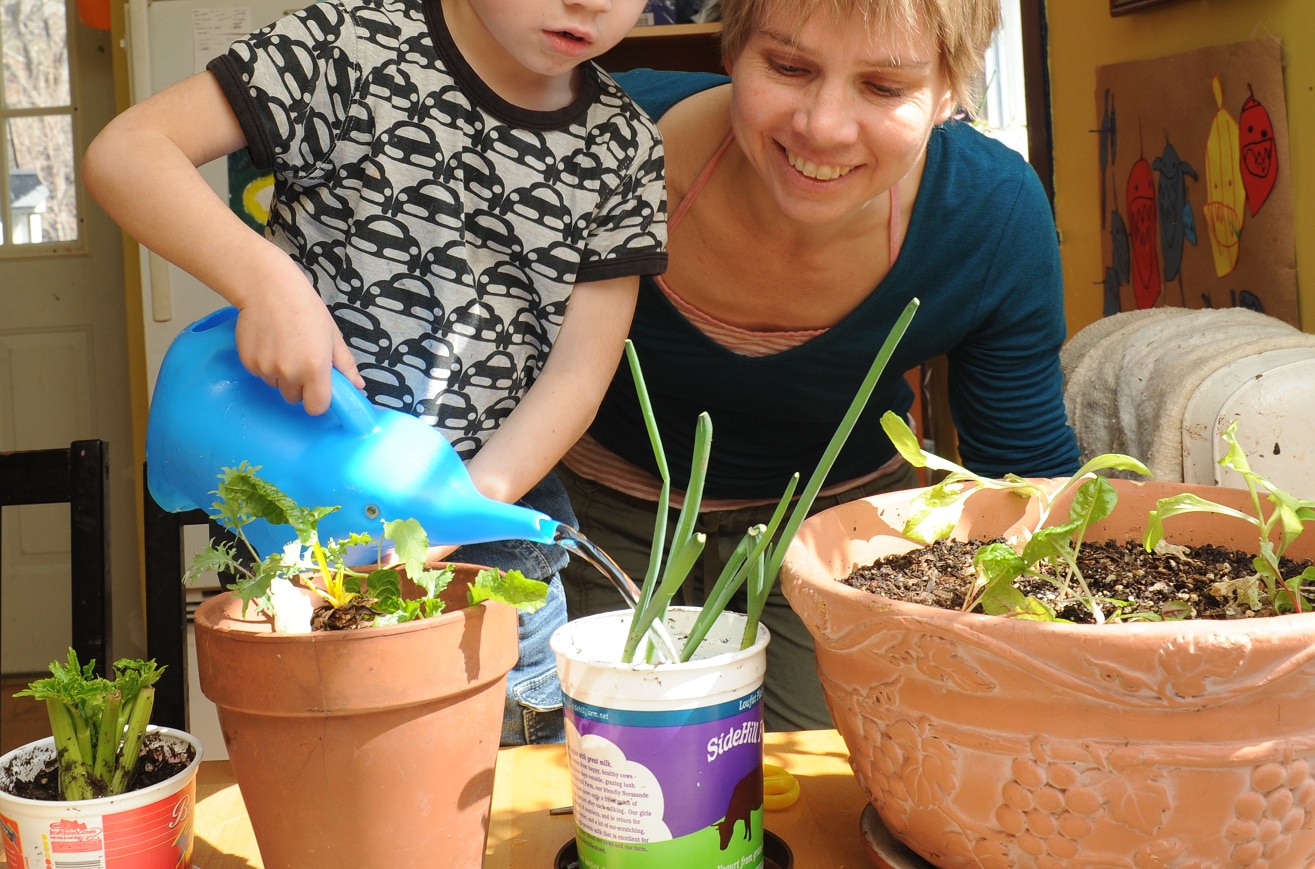 A child and adult watering a plant.