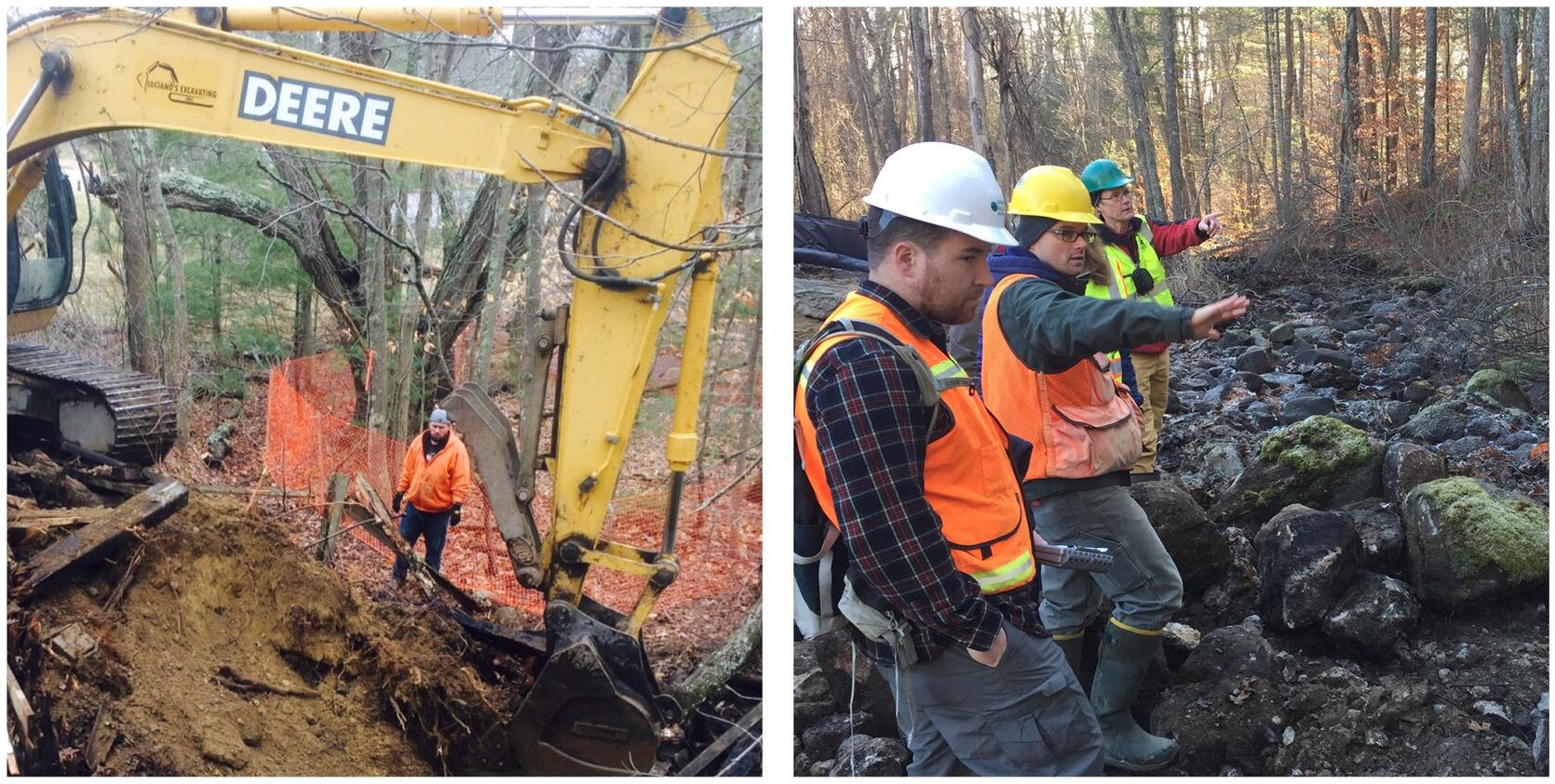 Two images showing dam removal work in process