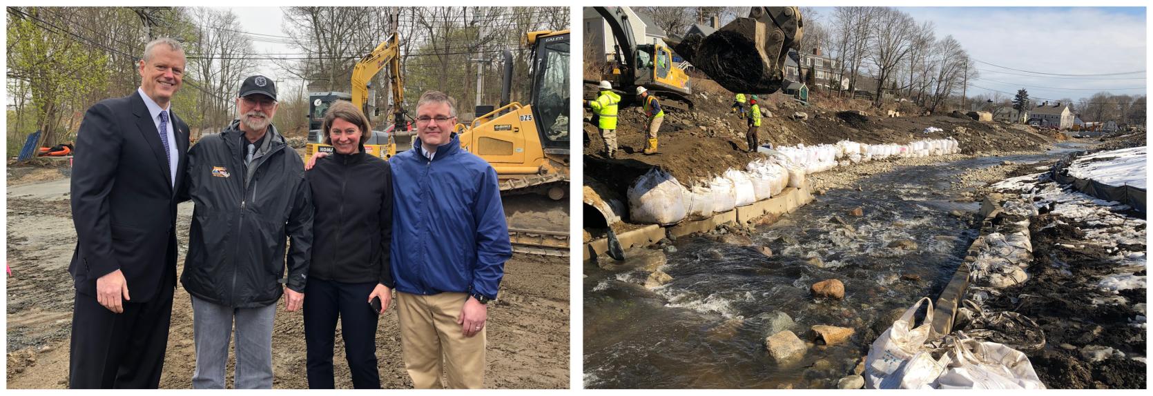 Two images one of DER staff with DFG Commissioner and Governor Baker and work on removal in the Holmes Dam.