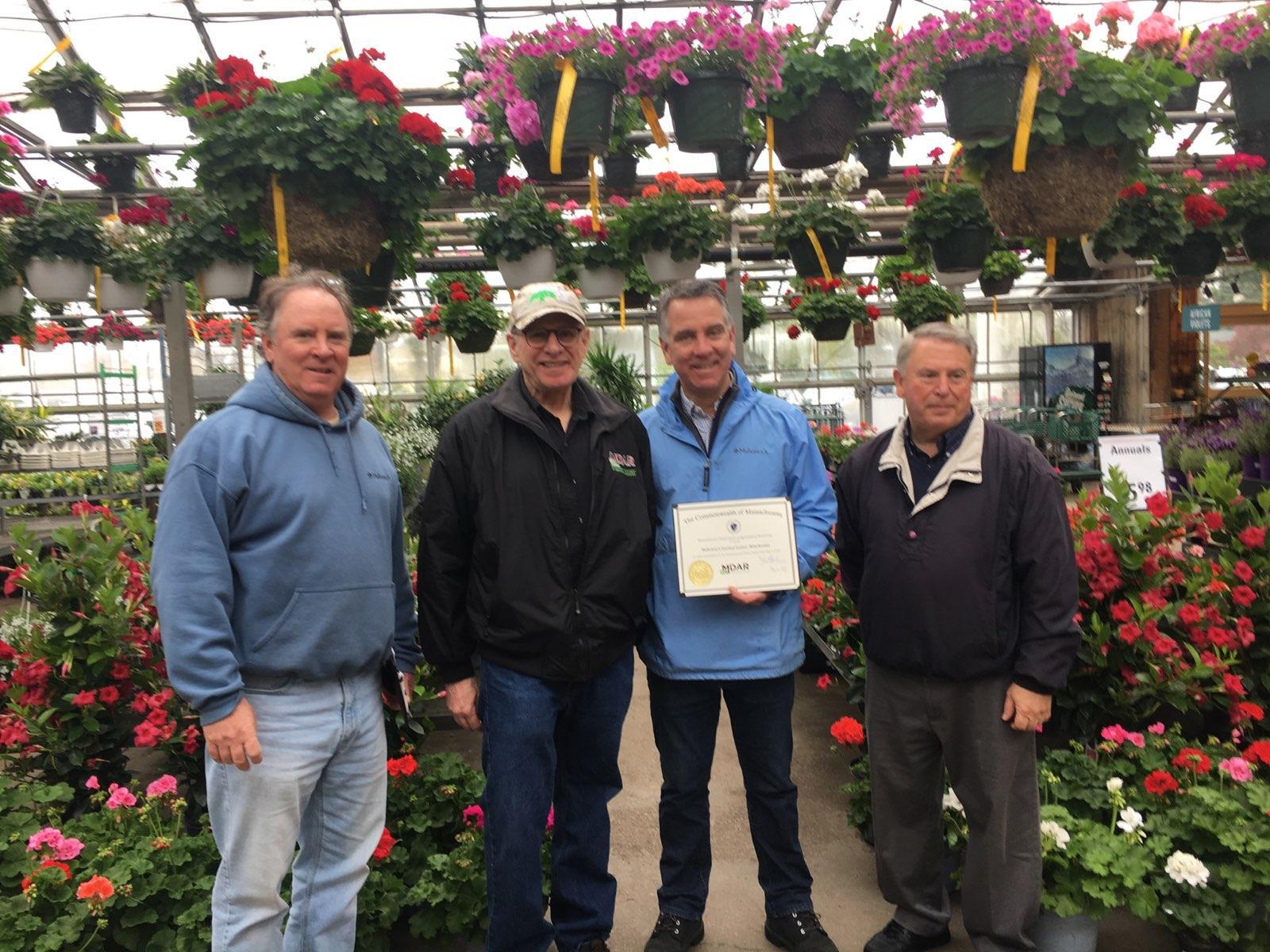 L to R – Peter Mahoney, Commissioner John Lebeaux, Tom Mahoney, Bob Luczai (Mass Flower Growers Association)