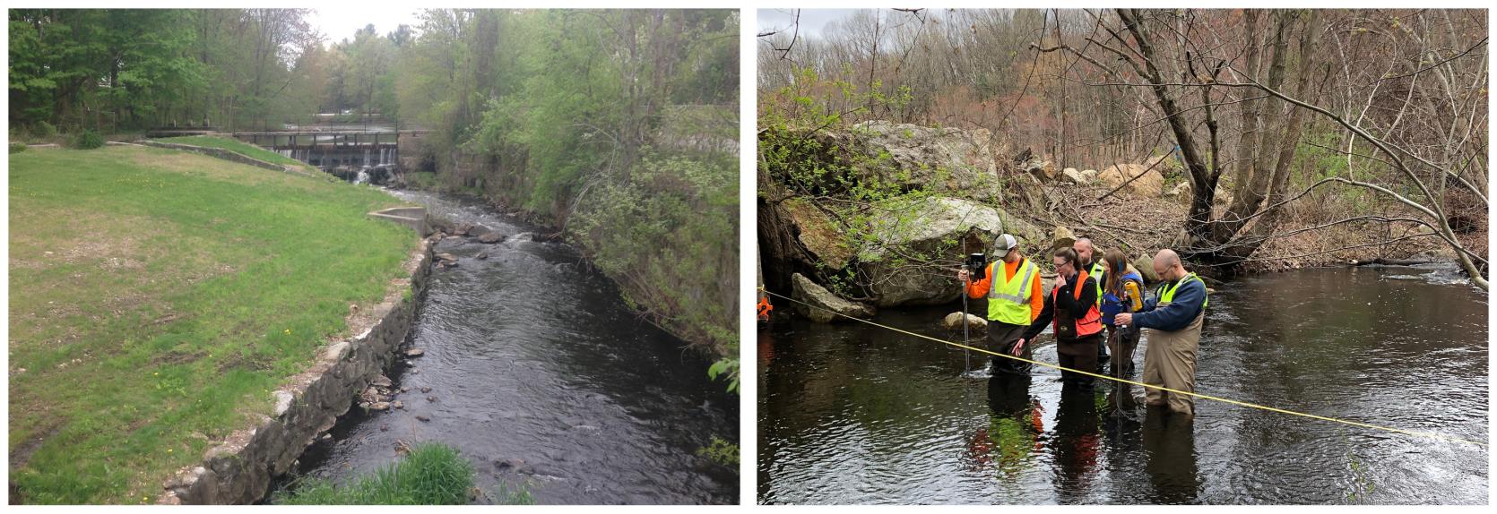 Two Images The outlet of Forge Pond. and DER staff in the field with partners