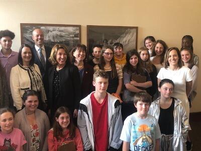 Lt. Gov. Polito and DA Harrington, Pittsfield Mayor Linda Tyer, Senator Adam Hinds, and Rep. Trisha Farley-Bouvier with students with 