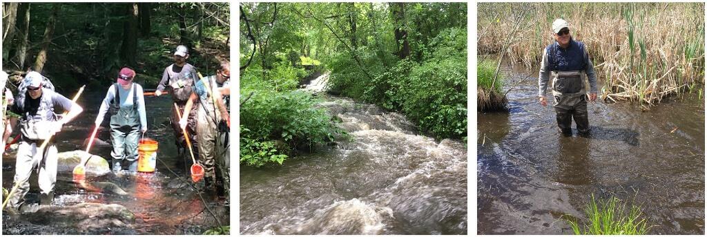 Three images two of staff and partners in the field and one of the river downstream of dam