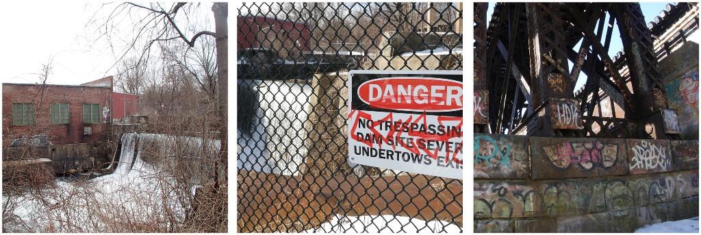 Three images of the Tel-electric dam site - the dam, a sign that reads danger and graffitti.