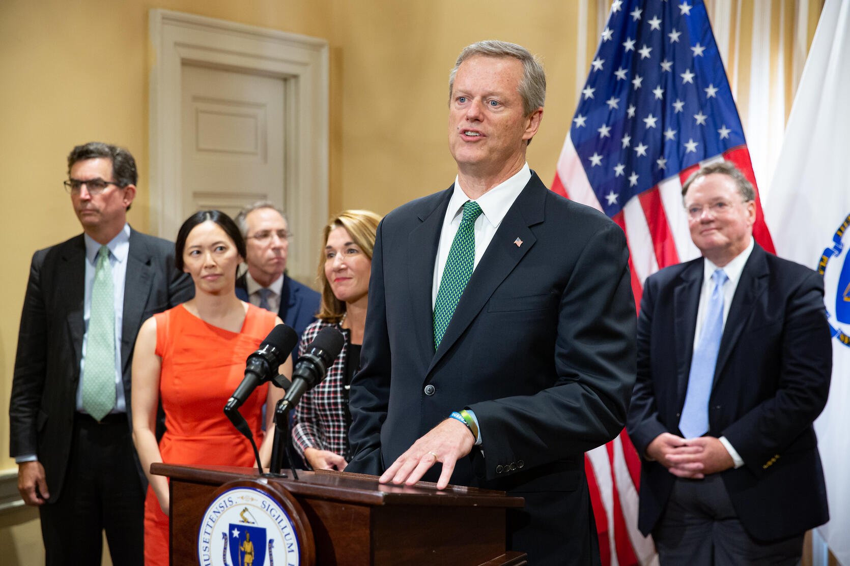 Six former state housing officials joined Gov. Charlie Baker and Lt. Gov. Karyn Polito to endorse "An Act to Promote Housing Choices."