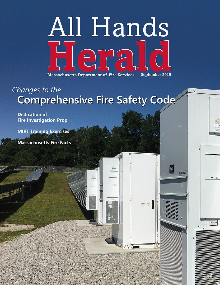 Cover image of the September 2019 All Hands Herald. Shows a new energy storage system in Charlton, MA