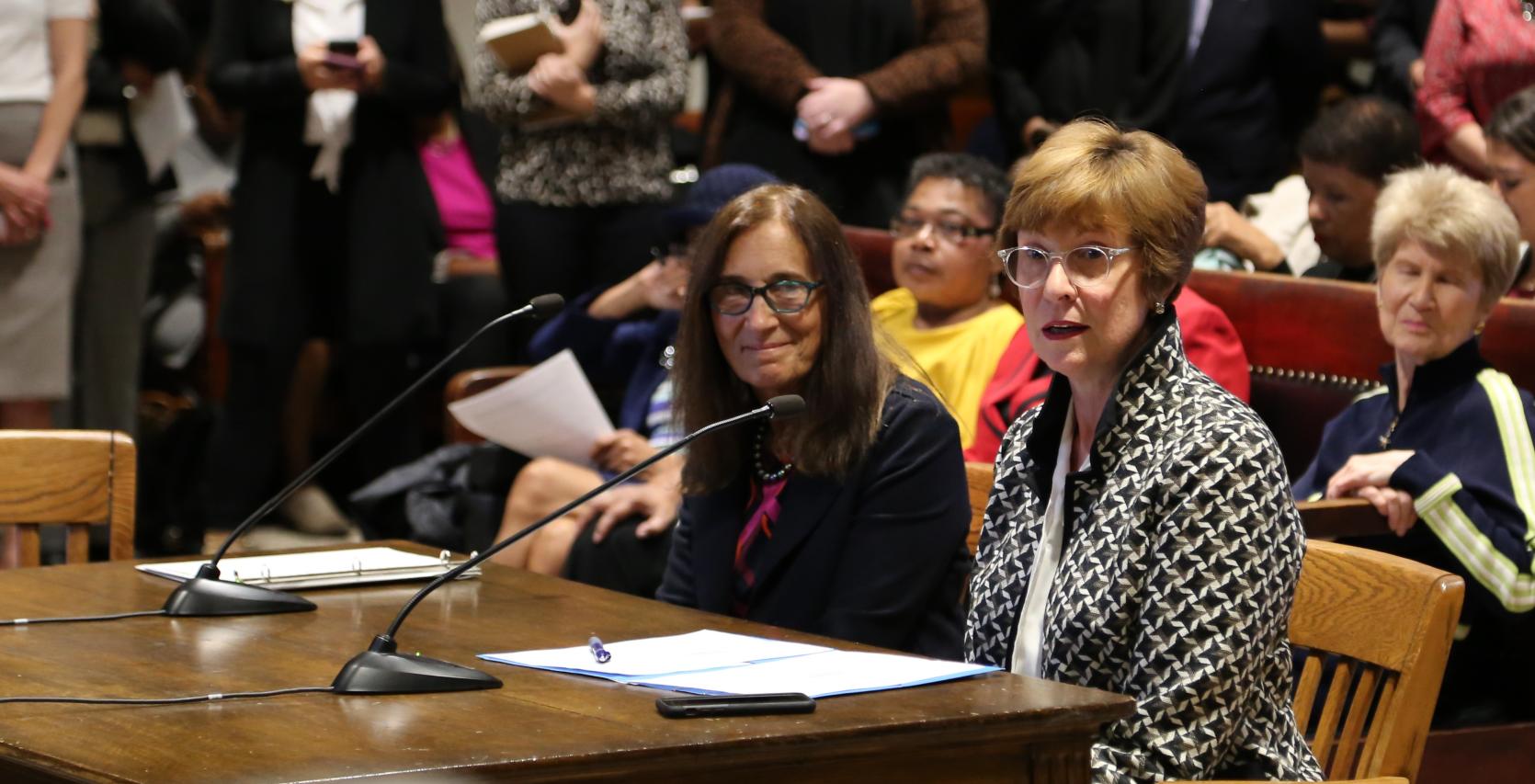 An image of Auditor Bump testifying in support of gender parity on boards and commissions. 