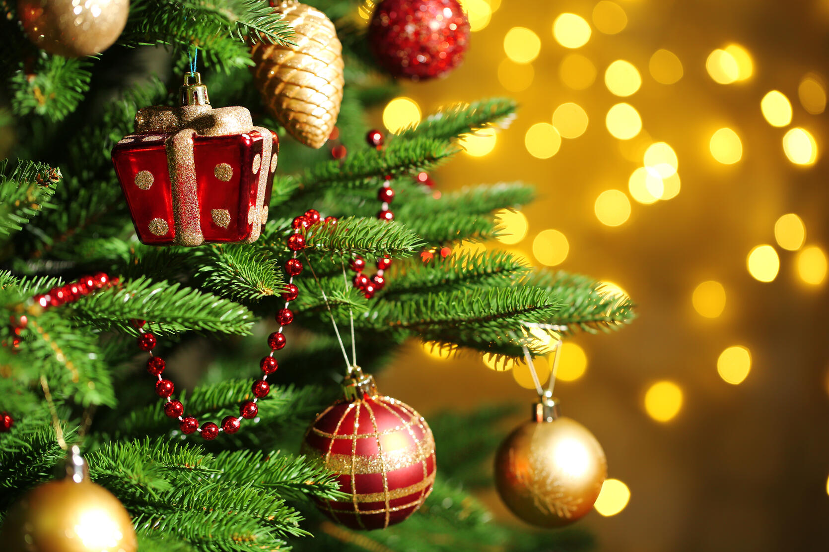 Closeup of a Christmas tree and decorations