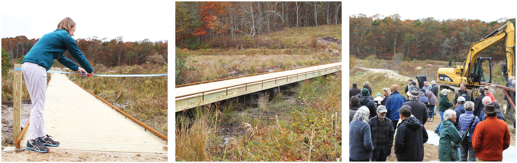 Three photos showing cutting of ribbon for new boardwalk, the new boardwalk and people and equipment for groundbreaking