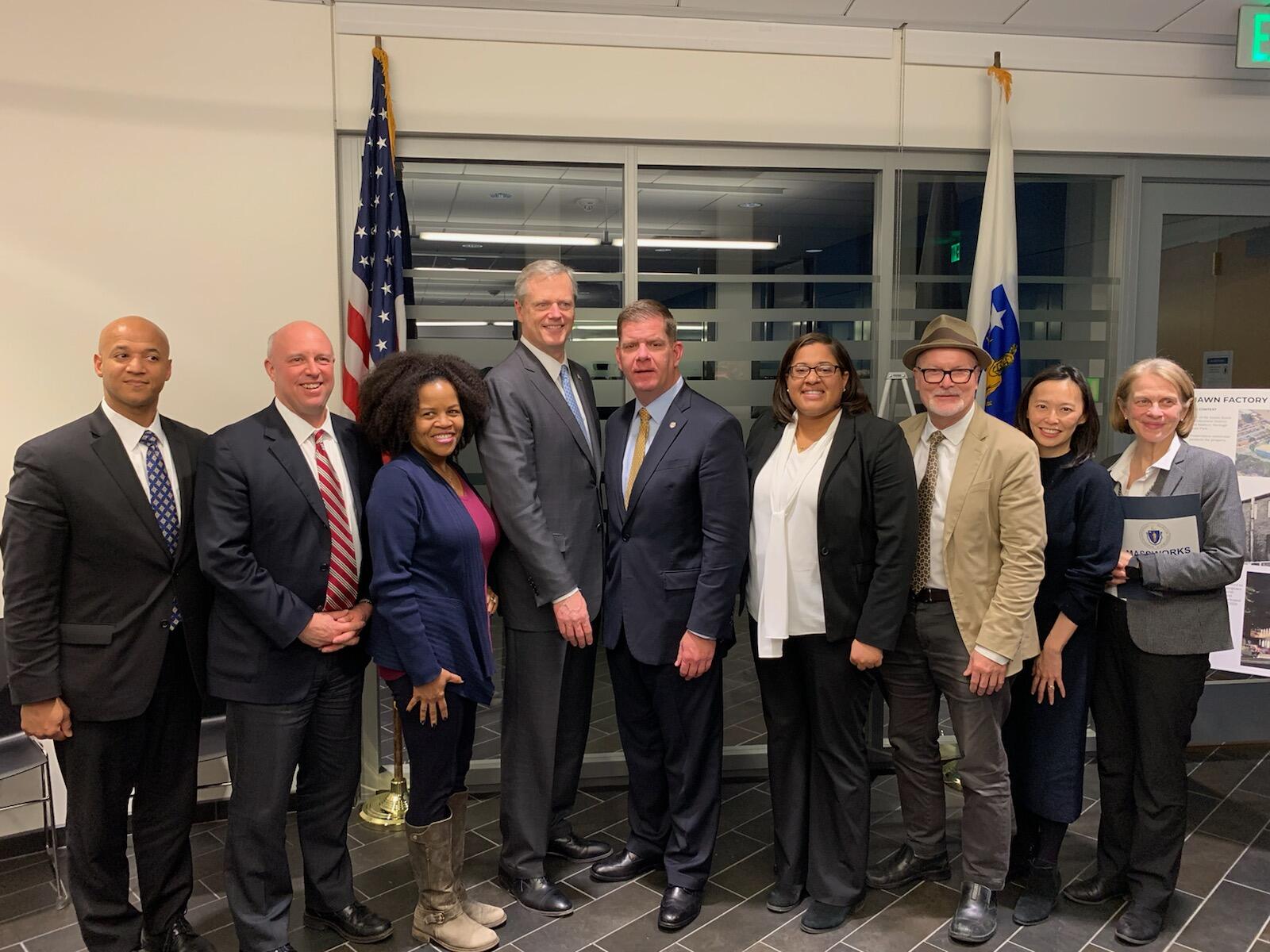Governor Baker and Secretary Kennealy with other state and City officials during MassWorks grant announcement event in Boston.