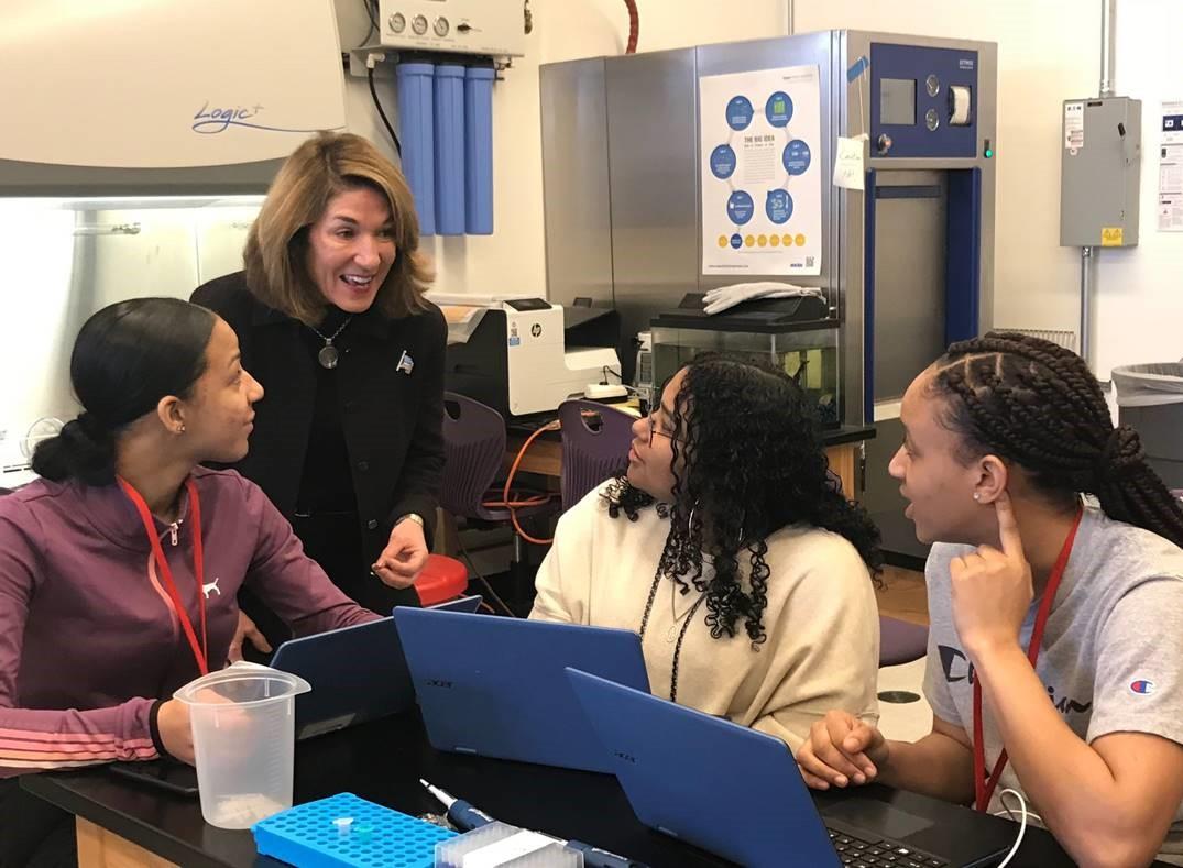Lt. Governor Karyn Polito talks to freshman students at Brockton High School who are participating in the Biotechnology early career pathway program launched this past fall.